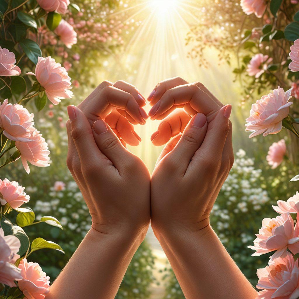 A warm and inviting scene featuring two hands intertwined, surrounded by a glowing heart shape made of soft light. In the background, a serene natural setting with blooming flowers and gentle sunlight filtering through trees symbolizes growth and harmony. Subtle elements like a padlock and key represent safeguarding love. The colors should evoke warmth and affection, with soft pinks and greens. super-realistic. vibrant colors. soft background.