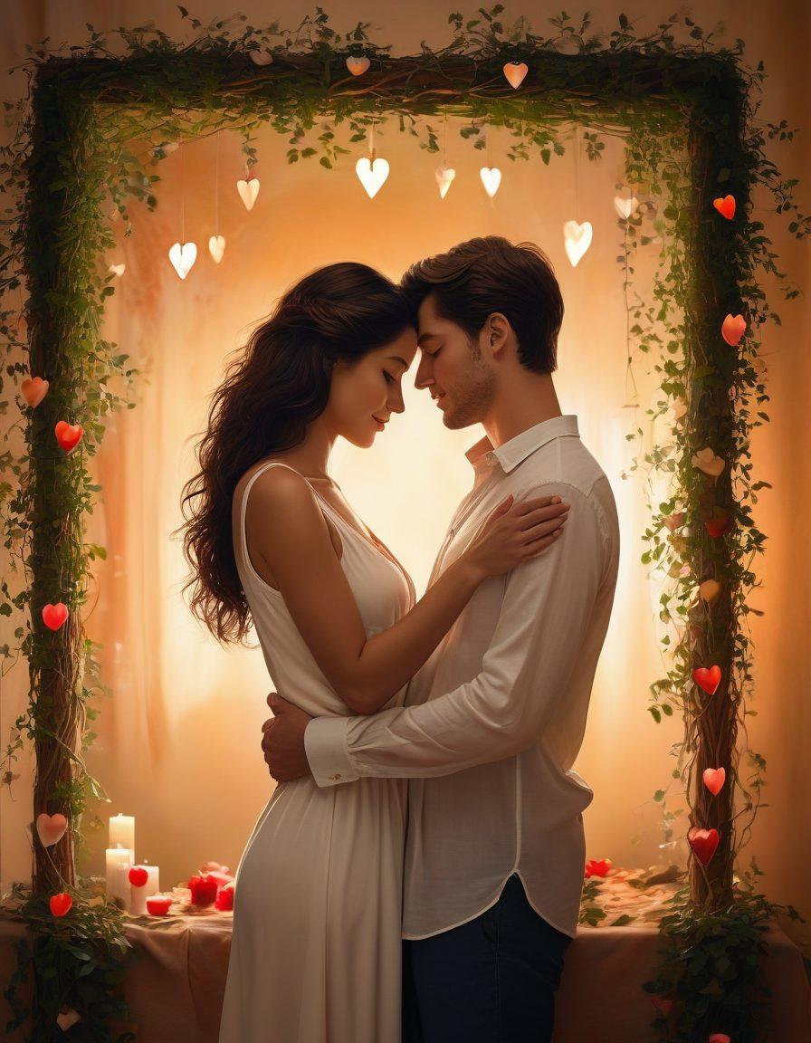 A serene couple embracing in a cozy setting, surrounded by symbols of love like hearts and intertwined hands. Soft, warm lighting casts gentle shadows, enhancing the intimate atmosphere. In the background, whispers of communication flow like delicate vines, illustrating connection and trust. The couple radiates genuine happiness and closeness, inviting viewers to explore the essence of lasting intimacy. super-realistic. warm tones. harmonious composition.