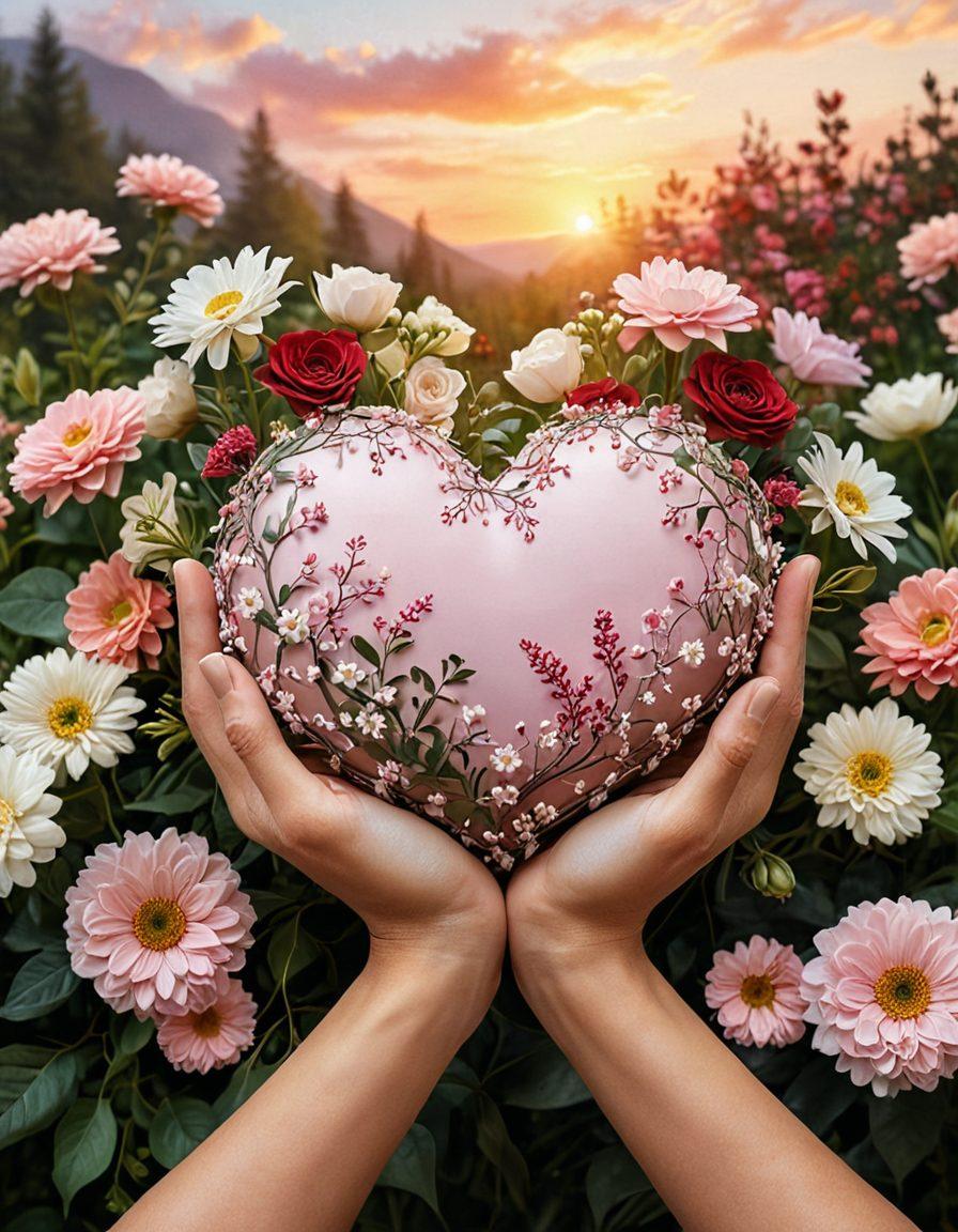 A serene scene of a heart cradled in gentle hands, surrounded by blooming flowers representing love and nurture. Soft, warm light casts a glow over the heart, while wisps of clouds float in the background, symbolizing dreams and romance. The color palette features soft pinks, warm reds, and lush greens for a romantic ambiance. super-realistic. vibrant colors. soft focus.
